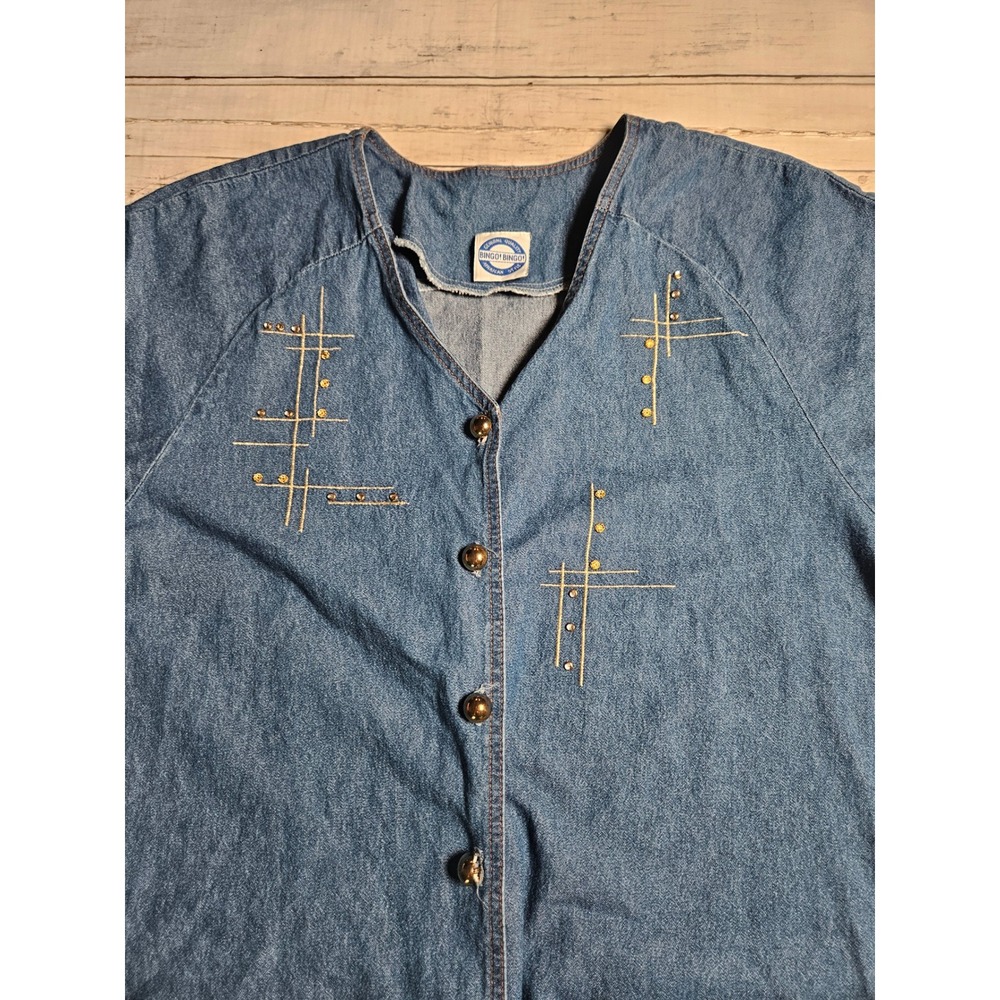 Bingo Bingo Vintage 90s Denim Top Women 16 Blue Short Sleeve Embroidered Studded